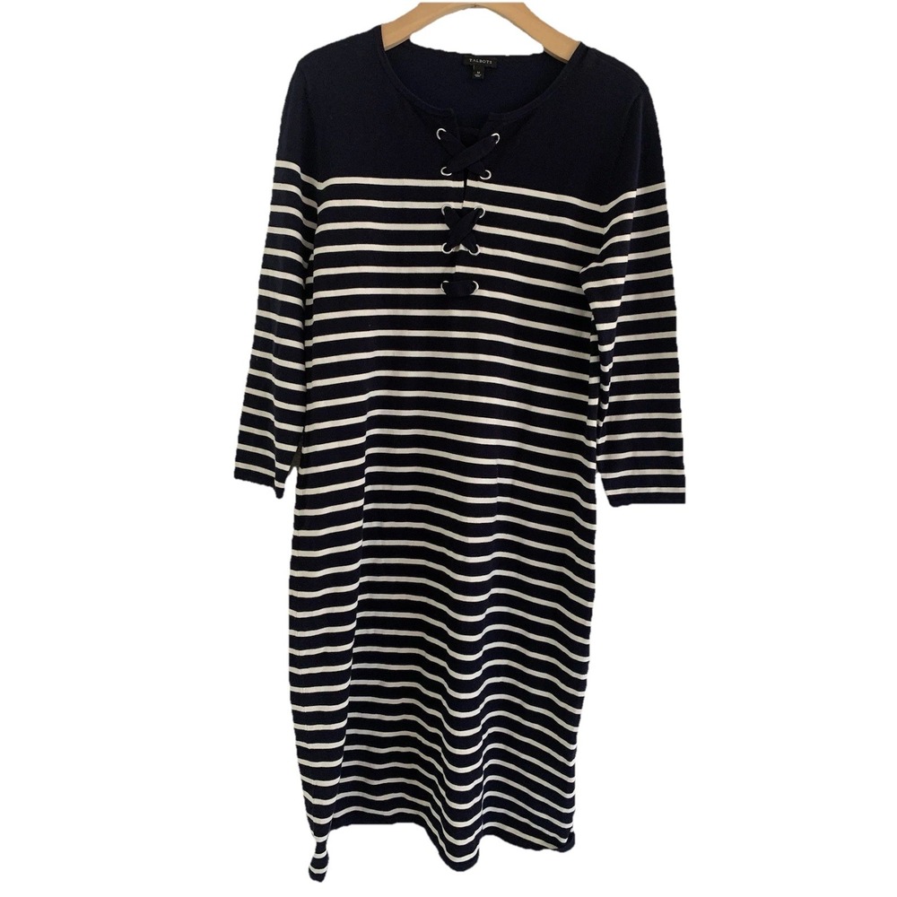 Talbots Navy White Striped‎ Lace Up Neck Knit Dress Size Medium